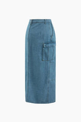 Flap Pocket Frayed Denim Slit Skirt